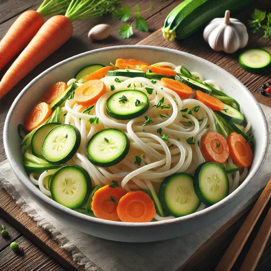 Shirataki acheter - nouilles shirataki dans un bol blanc avec des légumes frais, idéal pour un repas léger.