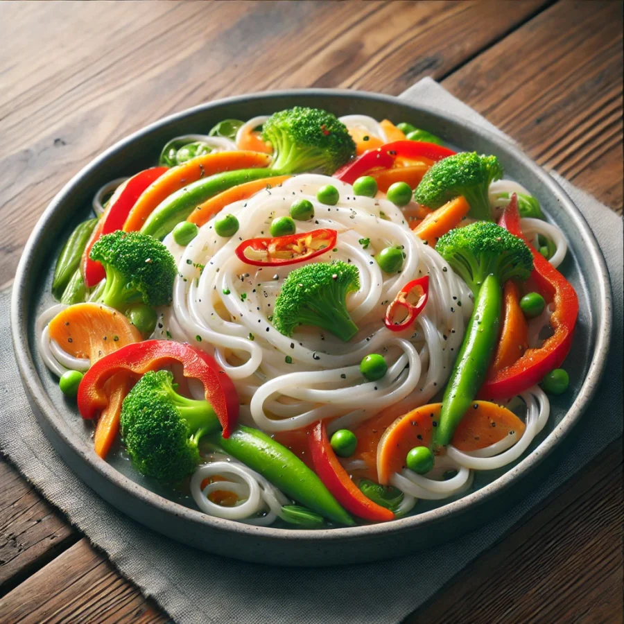 plat de shirataki konjac avec légumes frais et sauce légère Shirataki konjac avec légumes frais, poivrons, carottes et brocolis, servi avec une sauce légère.